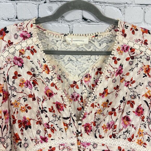 Anthropologie Puff Sleeved Lace Buttondown Top Blouse Multi Floral Boho - Picture 5 of 16